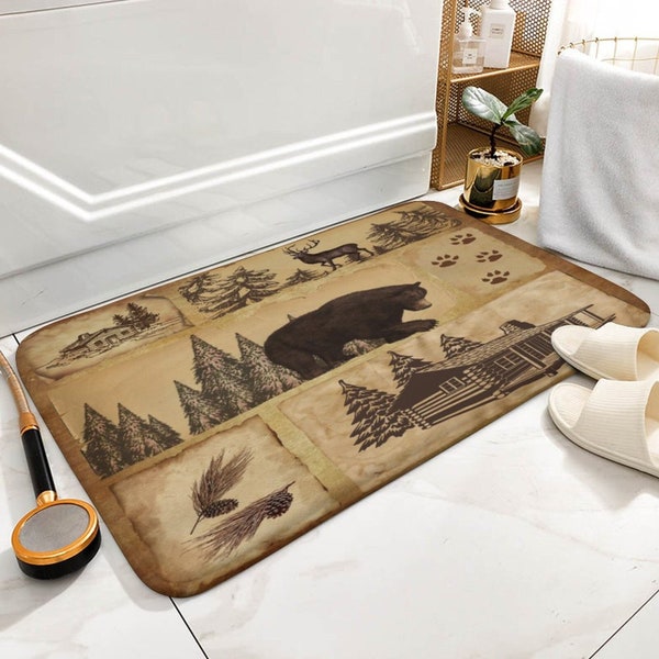 Brown Bear Forest Bath Mat, Rustic Cabin Bathroom Mat, Floor Mats, Indoor Outdoor No Slip Mat, Farmhouse Bathroom Decor