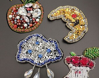 Colors Beaded Starry Cloud Moon Patches, Celestial Rhinestones Patches, Sew On Patches for DIY Patch Applique Bag Coat Crafts