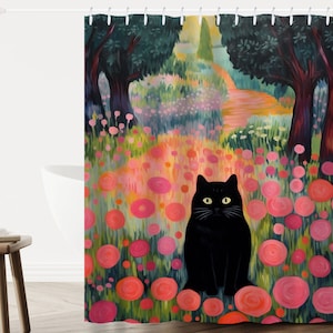 Garden Cat Shower Curtain, Black Cat Shower Curtain, Cat Lover Bathroom Decor