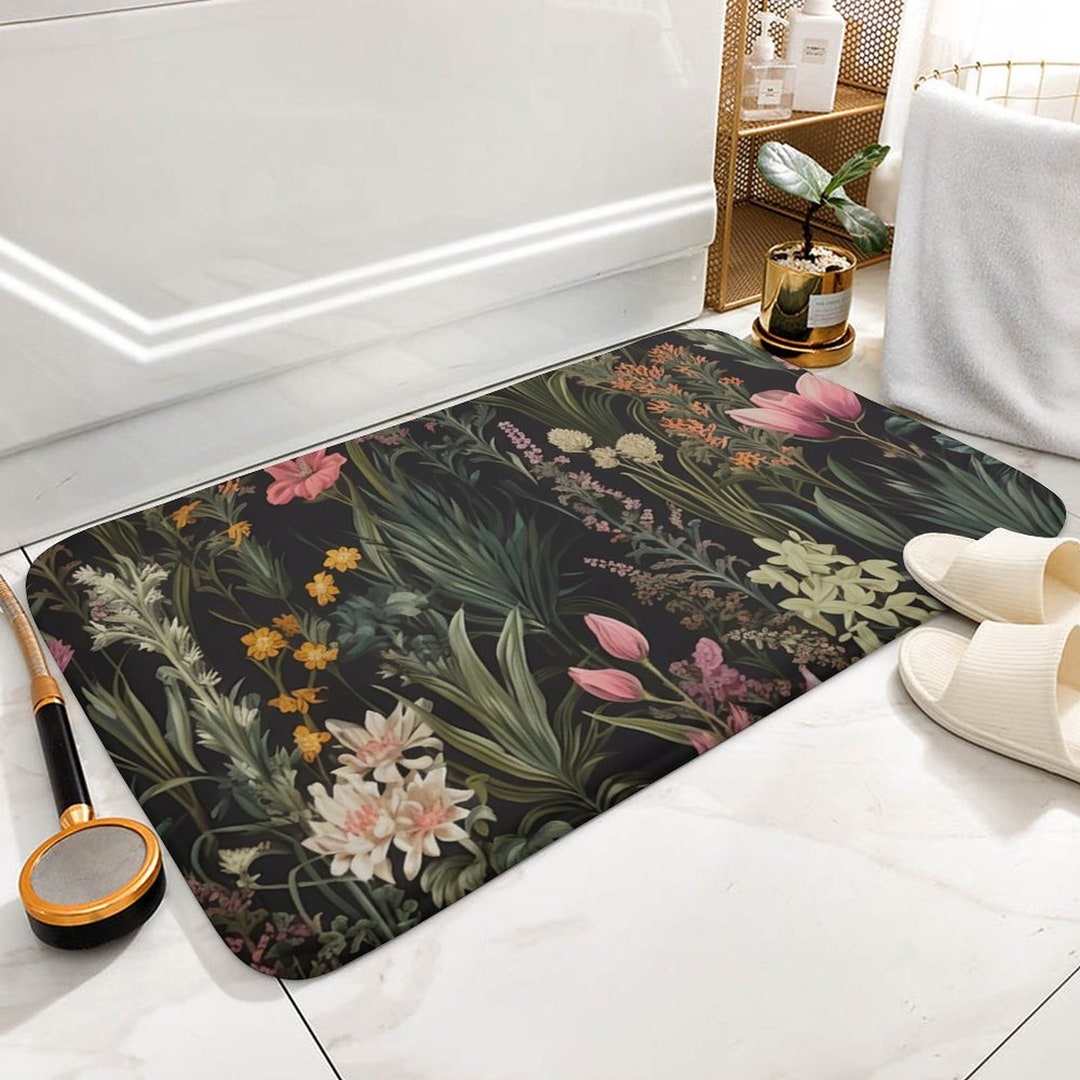 Wildflower Bath Mat, Patchwork Style Shower Mat, Black Bathroom Mat ...