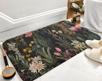 Wildflower Bath Mat, Patchwork Style Shower Mat, Black Bathroom Mat, Indoor Outdoor No Slip Mat, Bohemian Bathroom Decor