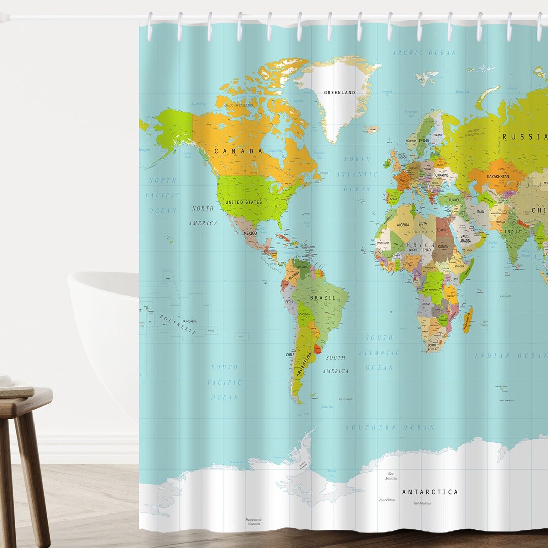 Map Shower Curtain World Map Map Bathroom Accessories Etsy