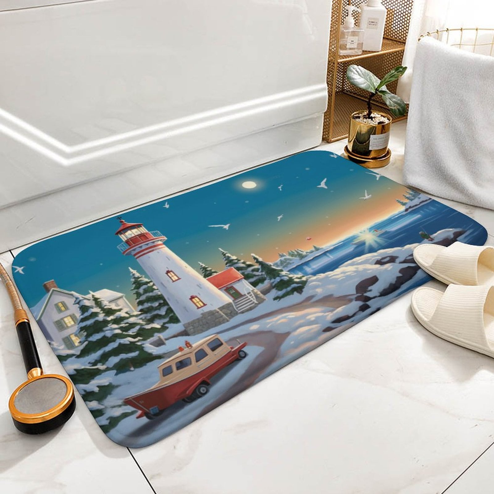4 Piece Lighthouse Oceans Shower Curtain Set with Blue Ocean Beach Bathroom  Rugs Clearance Contour Floor Mat Toilet Lid Cover