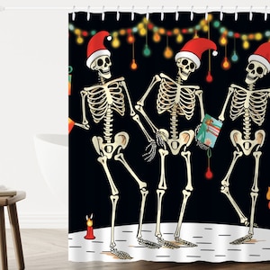 Christmas Skull Shower Curtain, Dancing Skeletons Christmas, Gothic Shower Curtain, Gothic Bathroom Decor