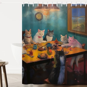 Cat Party Shower Curtain, Funny Cat Shower Curtain, Oil Painting Shower Curtain, Cat Lover Bathroom Decor