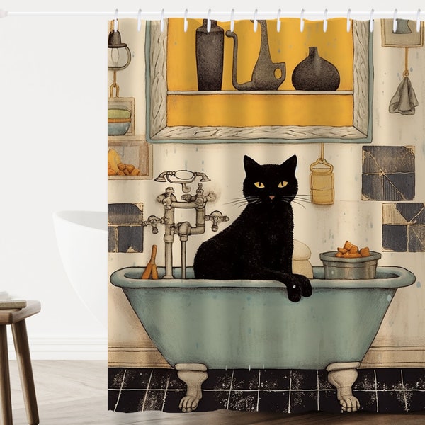 Black Cat Shower Curtain, Cat in Bathtube Shower Curtain, Aesthetic Shower Curtain, Funny Bathroom Decor