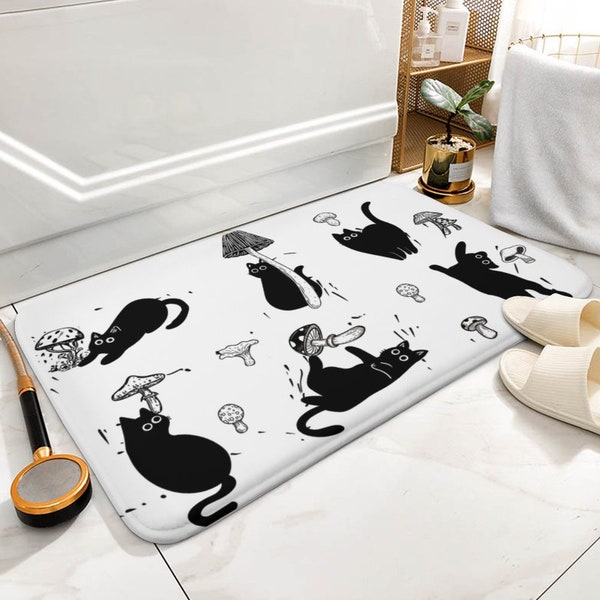 Mushroom Black Cat Bath Mat, Black Shower Mat, Bathroom Mat, Floor Mats, Indoor Outdoor No Slip Mat, Funny Bathroom Decor
