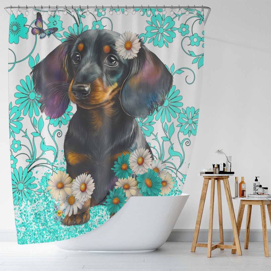 Funny Dog Shower Curtain, Dachshund Shower Curtain, Dachshund Flower