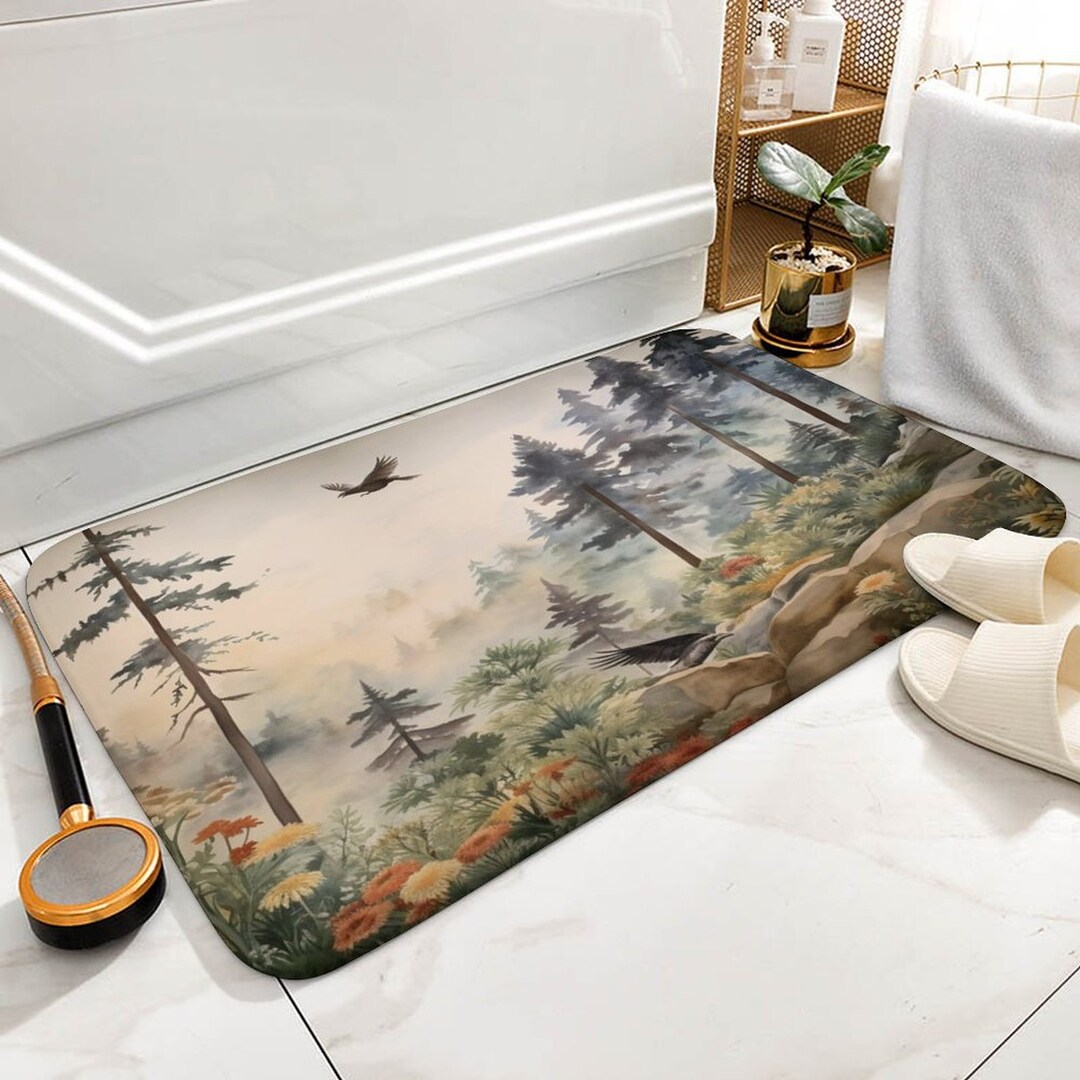 Forest Bath Mat, Pine Tree Shower Mat, Plant Floor Mats, Indoor Outdoor No Slip Mat, Forest ...