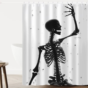 Showering Skeleton Shower Curtain, Dancing Skull Curtain, Funny Shower Curtain, Halloween Bathroom Decor