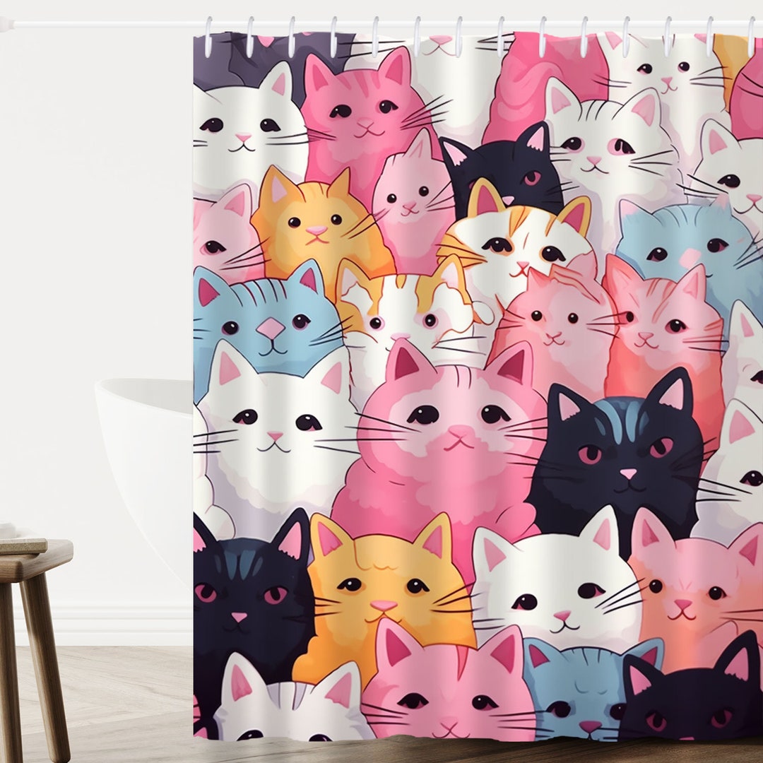 Cute Cats Shower Curtain, Funny Cat Shower Curtain, Cat Lover Bathroom