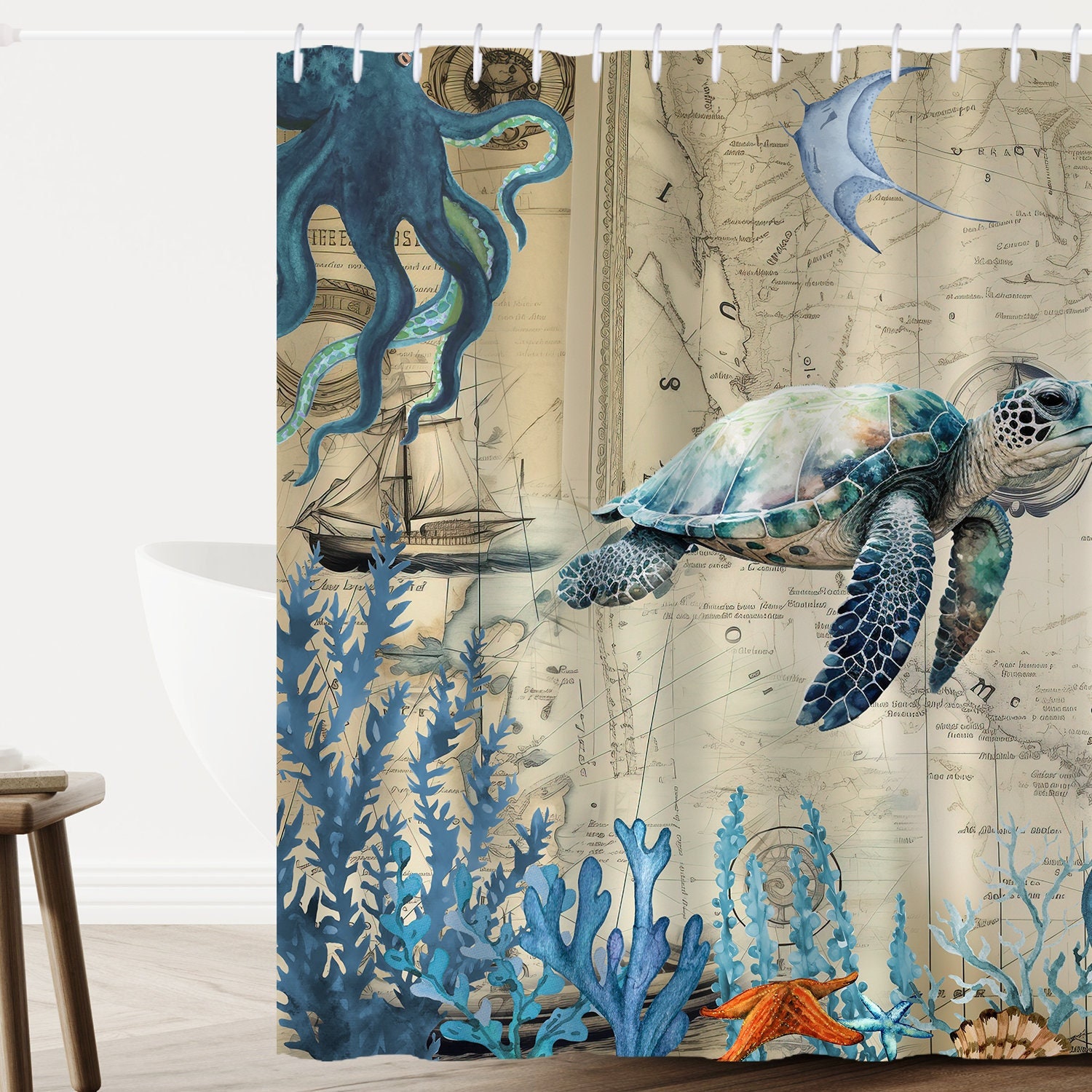 Sea Turtle Fabric Shower Curtain, Ocean Under Water World Sea Turtle  Tropical Fish Coral Reef Coastal Bath Curtain 69X70 Inch with Hooks Blue  Shower