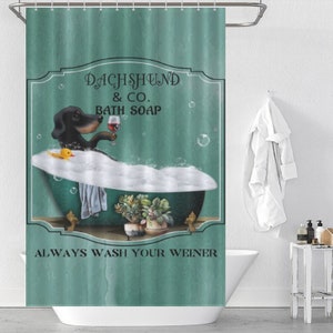 Funny Dog in Bathtub Shower Curtain, Dachshund Shower Curtain, Retro Animal Shower Curtain, Rustic Bathroom Decor