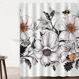 Wildflower Shower Curtain, Bee Flower Shower Curtain, Botanical Shower Curtain, Plant Bathroom Decor