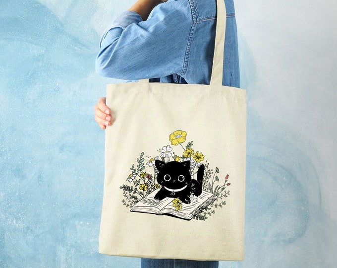 Book Tote Bag, Flower Tote Bag Canvas, Black Cat Tote Bag, Aesthetic Tote Bag, Book Bag, Book Lover Gift