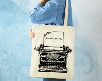 Typewriter Tote Bag, Personalized Writers Canvas Tote Bag, Customize With Your Own Message, Gift for Writers