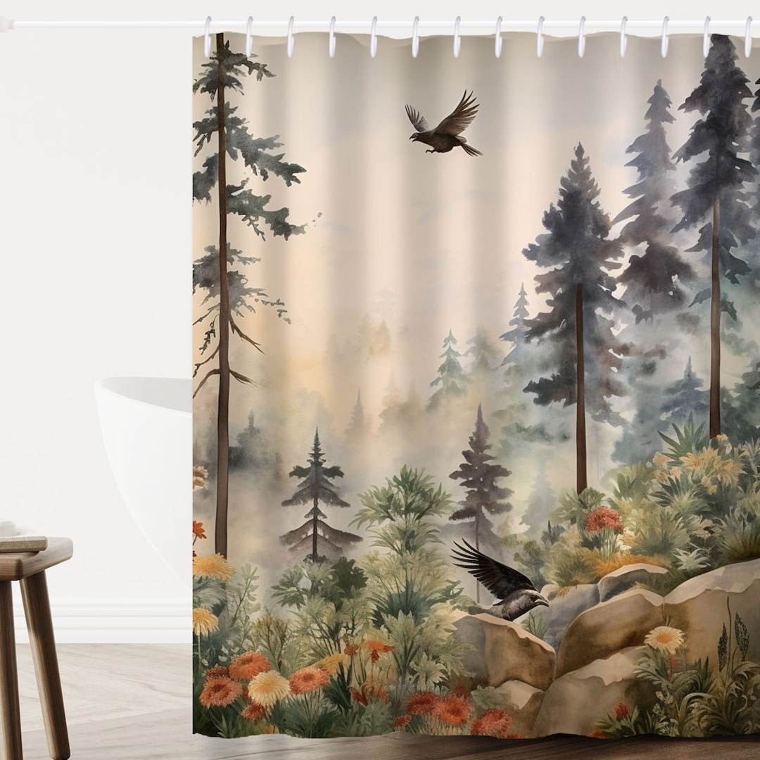Forest Shower Curtain, Pine Tree Shower Curtain, Aesthetic Shower