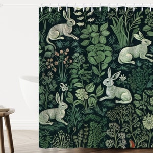 Forest Shower Curtain, Green Shower Curtain, Rabbit Shower Curtain, Plant Forest Bathroom Décor