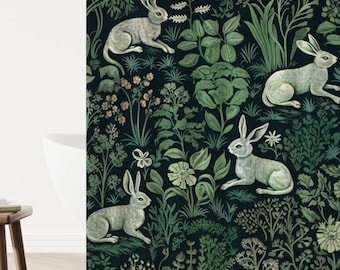 Forest Shower Curtain, Green Shower Curtain, Rabbit Shower Curtain, Plant Forest Bathroom Décor