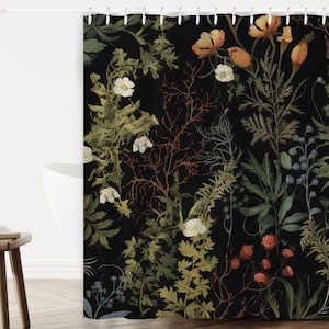 Black Botanical Shower Curtain, Apothecary Herbs & Plants Shower Curtain, Plant Shower Curtain, Boho Bathroom Decor