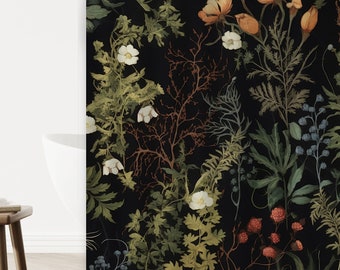 Black Botanical Shower Curtain, Apothecary Herbs & Plants Shower Curtain, Plant Shower Curtain, Boho Bathroom Decor
