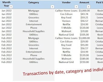 May include: A spreadsheet with a blue header row and light blue rows. The spreadsheet shows a list of transactions by date, category, and individual split. The columns are labeled "Number", "Individuals", "Date", "Month", "Year", "Category", "Vendor", "Amount", "Paid by", "Kevin", "Leonel", "Cristiano", and "Bernardo".