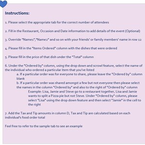 May include: Instructions for filling out a table to track food orders for a group of people. The table includes columns for names, items ordered, total cost, and who ordered each item.