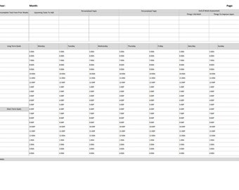 May include: A weekly planner template with sections for long-term goals, short-term goals, incomplete tasks from prior weeks, upcoming tasks to add, personalized topics, end-of-week assessment, and things to improve upon. The planner is divided into days of the week, with time slots from 5:00 AM to 4:00 PM.