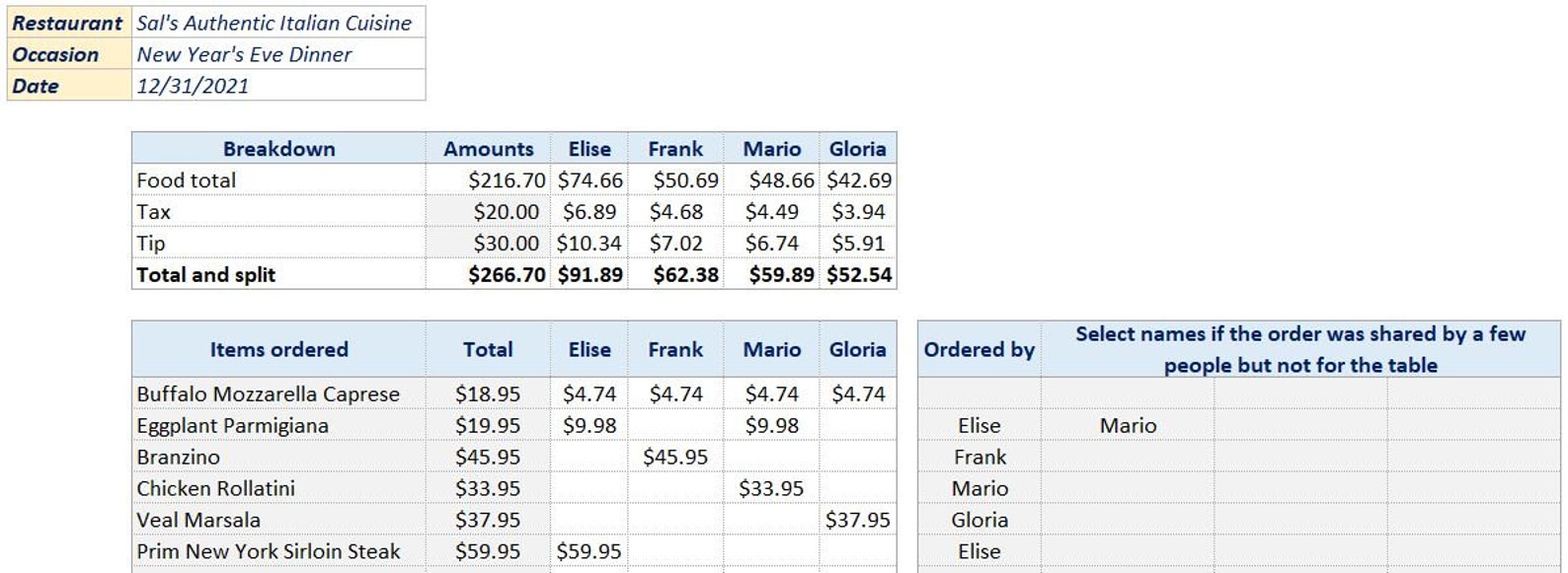 Restaurant Bill Split Spreadsheet Easy to Use Dining Expense Tracker by