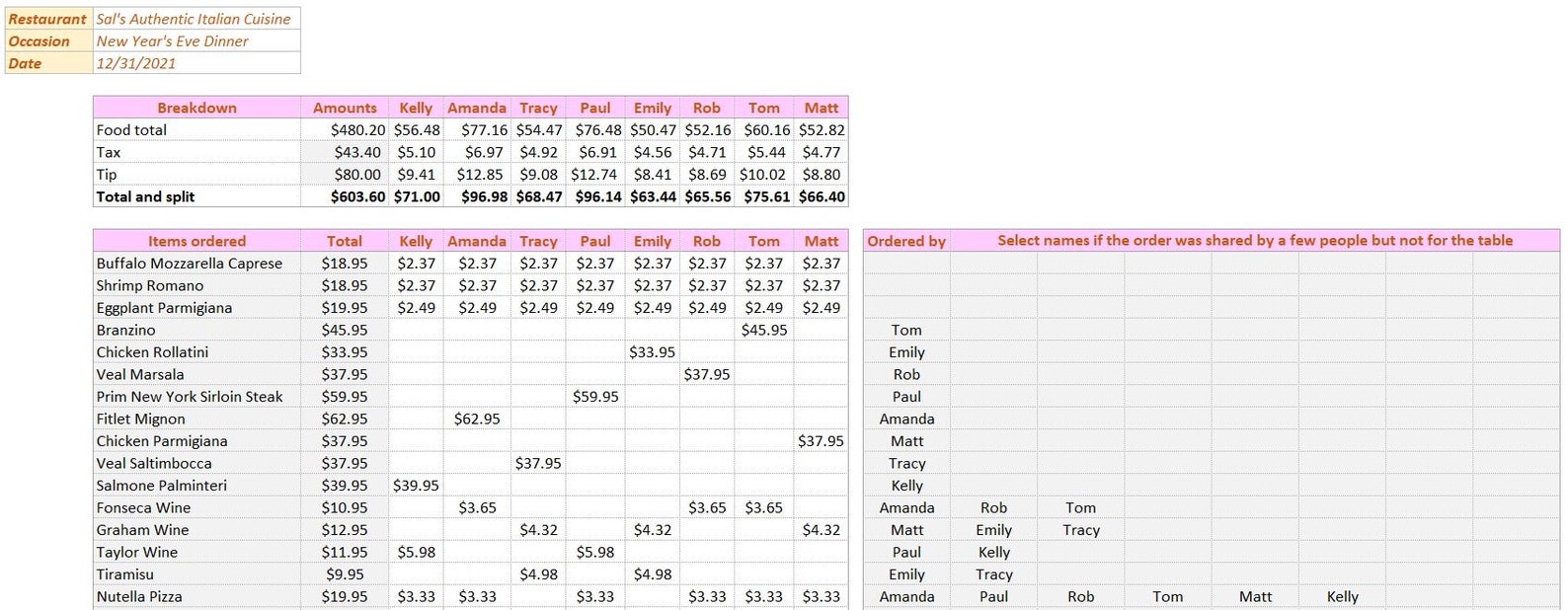 Restaurant Bill Split Spreadsheet Easy to Use Dining Expense Tracker by