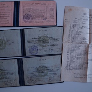 URSS Rusia 1950-60 tres diplomas de educación técnica secundaria escuela técnica documento de identidad
