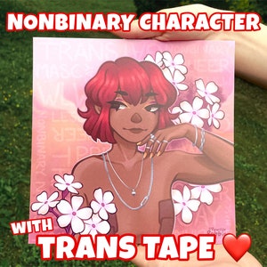 May include: A digital illustration of a non-binary person with red hair, wearing a silver necklace and rings. The person is surrounded by white flowers and has a pink background. The text "NONBINARY CHARACTER WITH TRANS TAPE" is at the bottom of the image.