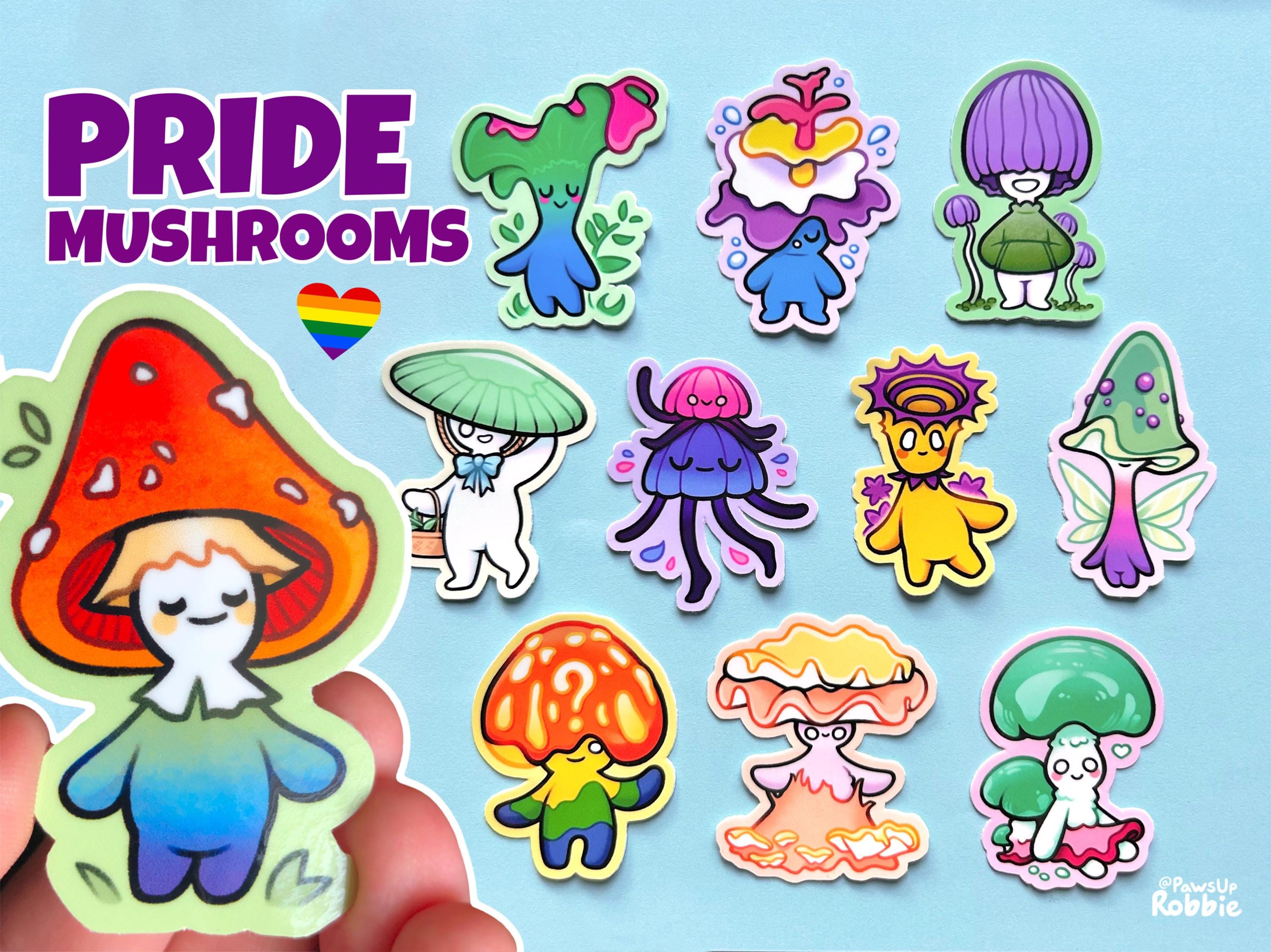LGBTQ+ Mushrooms - Pride stickers | Bigender Polysexual Omnisexual Unlabeled Genderfae Intersex Genderqueer Abrosexual Pangender Questioning
