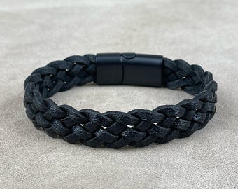 Men's Braided Black Leather Bracelet: Handcrafted Wide Cuff
