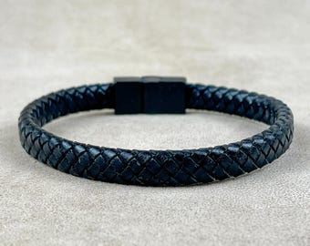 Handgefertigtes schwarzes geflochtenes Lederarmband – Breites Manschettenarmband