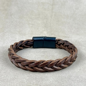 Men&#39;s Braided Brown Leather Bracelet, Genuine Leather Bracelet For Men, Gift For Boyfriend, Wide Leather Bracelet With Clasp