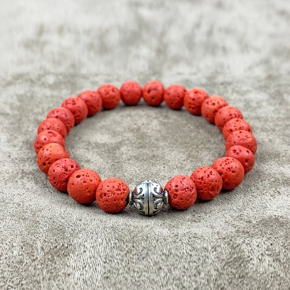 Red Lava Rock Bracelet, Natural Stone Bracelet Men, Orange Stretch Bracelet  String, Jewelry for Men, Anniversary Gift for Husband 