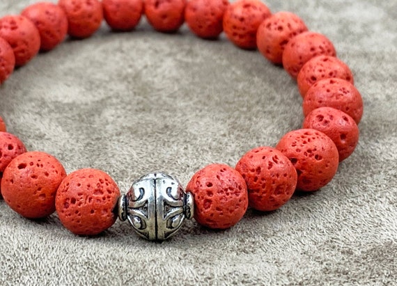 Red Lava Rock Bracelet, Natural Stone Bracelet Men, Orange Stretch Bracelet  String, Jewelry for Men, Anniversary Gift for Husband 