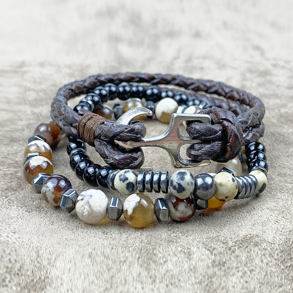 Natural Stone Triple Bracelet, Combination Bracelet Men, Stretch Bracelet Stack, Beaded Boho Bracelet Set, 3 Layer Man Bracelet Set