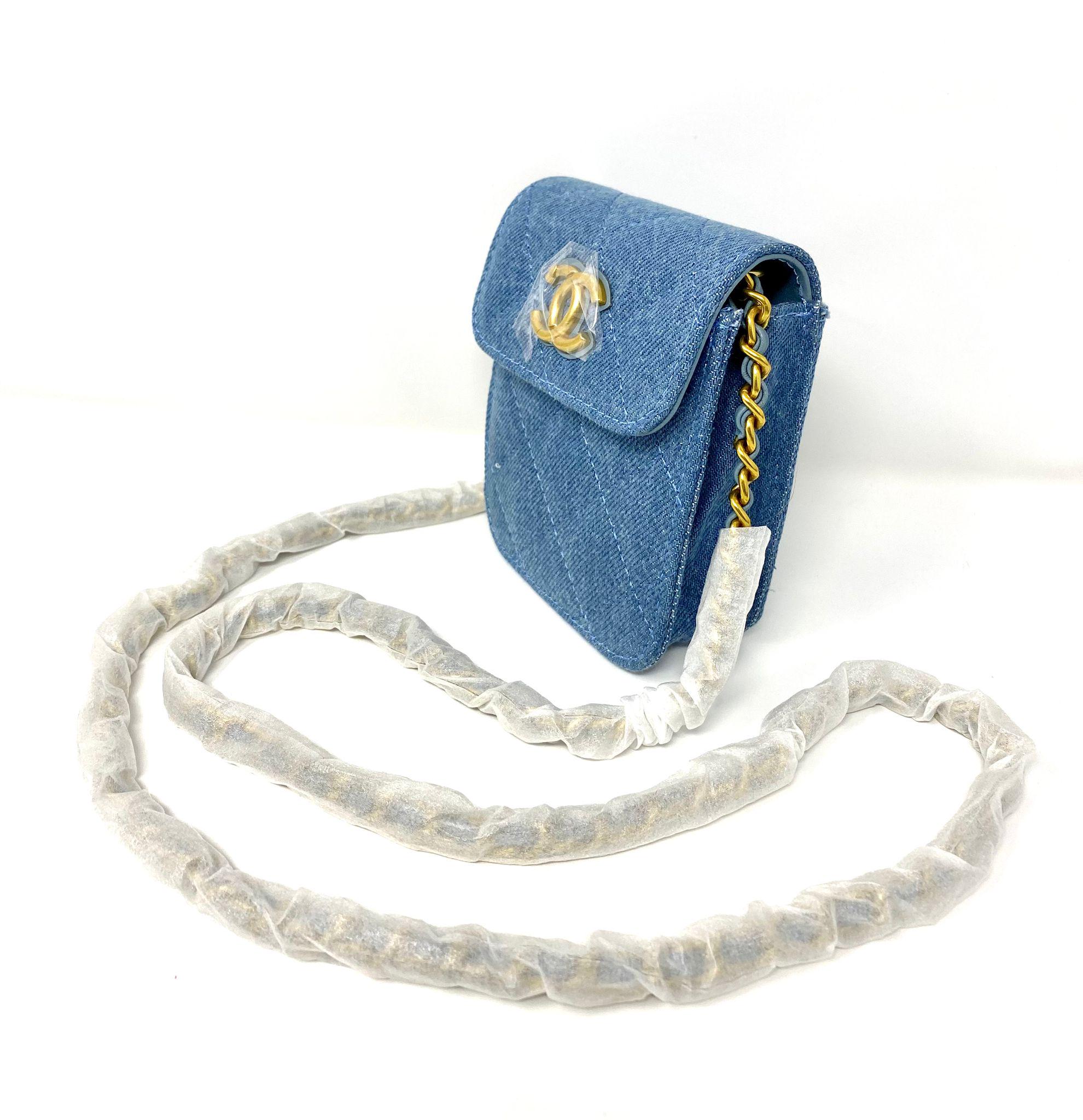 Chic Denim Distressed Bag with Gold Chain Celine Denim Triomphe Chain Shoulder Bag Navy Tan 1446359  main image 3