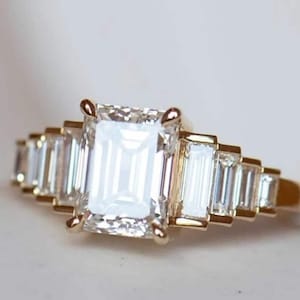 Graduated Baguette With Emerald Cut Diamond Ring, Minimalist Wedding Ring, Yellow Gold Engagement Ring, Proposal Ring For Her, Birthday Gift