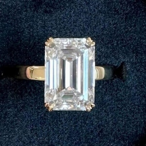 Elongated Emerald Cut Colorless Moissanite Gold Engagement Ring, 14K Yellow Gold Wedding Ring for Women, Double Prong Hidden Halo Ring
