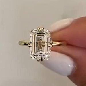 Emerald Cut Colorless Moissanite Ring, Solitaire Moissanite Engagement Ring, Compass Double Claw Prong Ring, 14K Yellow Gold Ring