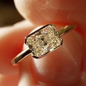 East to West Half Bezel Set Radiant Cut Moissanite Engagement Ring, 14K Gold Solitaire Wedding Ring For Women, Anniversary Promise Ring Gift