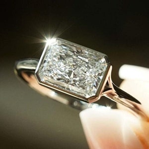 East to West Radiant Cut Moissanite Engagement Ring, Solid Gold Bezel Set Wedding Ring, Solitaire Radiant Anniversary Ring, Horizontal Ring
