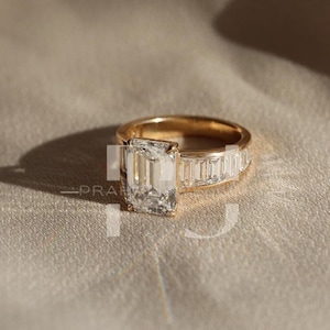 Unique 5 Ct Emerald Cut Moissanite Engagement Ring, Side Baguette Wedding Ring, Emerald Cut Ring, Halloween Jewelry, 14K Gold Ring For Women