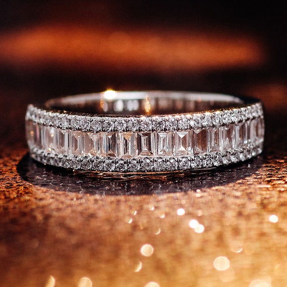 Shared Round and Baguette Moissanite Diamonds Wedding Ring/ Half