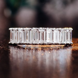 Solid Gold Emerald Cut Moissanite Wedding Band for Woman, Vintage Full Eternity Wedding Ring, Anniversary Gift Birthday Gift for Girl Wife