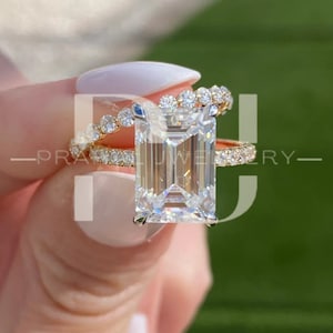 4 CT Emerald Cut Colorless Moissanite Engagement Ring Set, Round Cut Wedding Band, Wedding Ring, Designer Anniversary Gift Ring