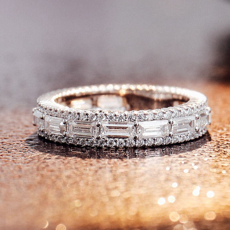 Baguette And Round Cut Moissanite Wedding Band, Half Eternity Baguette Cut wedding band, Unique Stacking Ring, Wedding Anniversary Gift